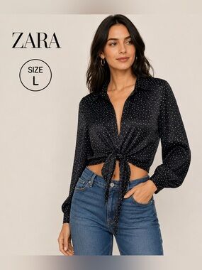 ZARA Black Polka Dot Tie-Front black Blouse/size L